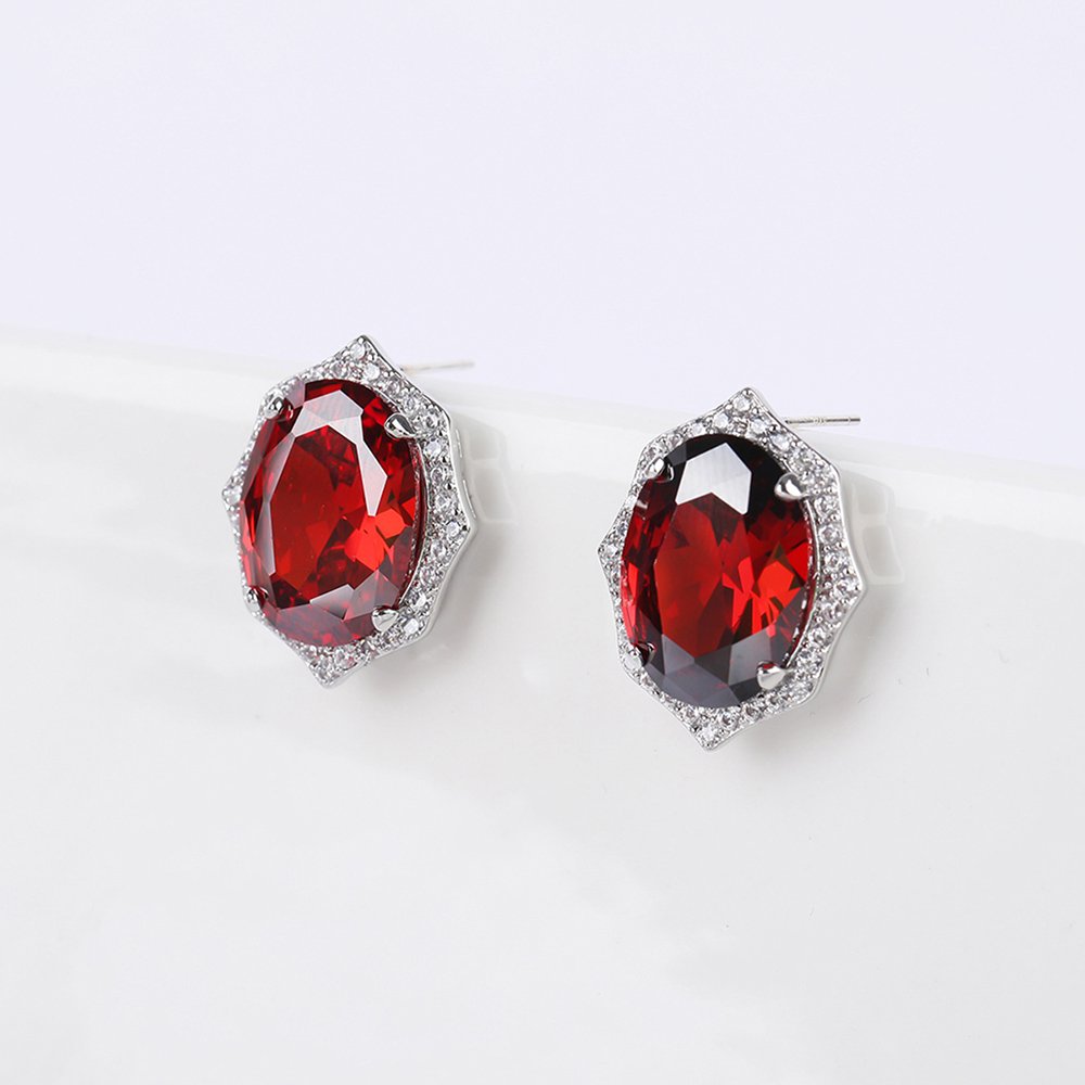 Wholesale geometric zircon earrings with large oval center stones and 925 silver needles from JuneJewelry.com – luxury bridal fashion jewelry for bulk purchase.